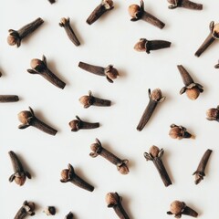Clove spice pattern on white background with aromatic dried cloves