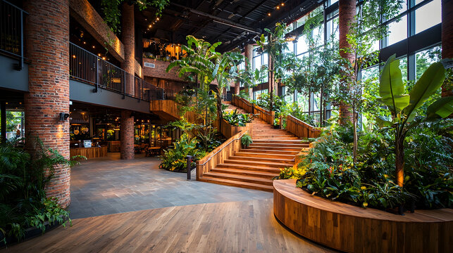 Indoor tropical garden staircase, lush plants, wood flooring, modern architecture, lobby background; ideal for travel brochures