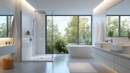 Obraz premium Serene and Modern Minimalist Bathroom Design with Natural Light, Clean Lines, and Relaxing Ambiance in a Contemporary Setting