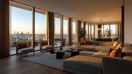 Fototapeta premium Luxurious Modern Minimalist Living Space Featuring High-End Designer Furniture and Panoramic City Views in a Contemporary Interior Design