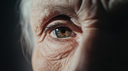 Close up of an elderly woman's eye, highlighting the effects of aging on the skin and vision, with wrinkles and age spots surrounding the iris