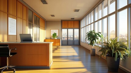 Bright Modern Minimalist Office Workspace with Large Windows and Elegant Decor Ideal for Productive Work Environment
