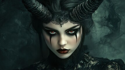 Dark fantasy portrait of a mysterious figure with horns studio digital art ethereal atmosphere close-up enigmatic theme