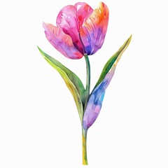 Watercolor Tulip Isolated on White Background. Beautiful Tulip Flower