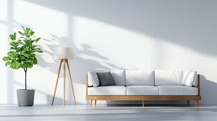 Modern Minimalist Living Room with Cozy Couch, Elegant Floor Lamp, and Green Potted Plant Surrounded by Bright Natural Light and Simple Design Elements