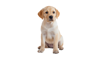 Labrador puppy sits quietly on a white background