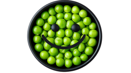 Green peas arranged as a smiley face in a bowl.  Possible use Food photography, healthy eating, or a playful food concept
