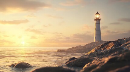 Fototapeta premium Sunset lighthouse scene coastal area photography tranquil ocean wide angle serenity and hope