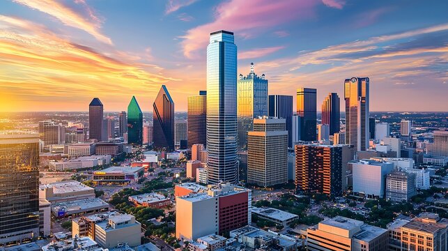 Sunset over dallas skyline texas aerial view urban landscape vibrant city life and architecture