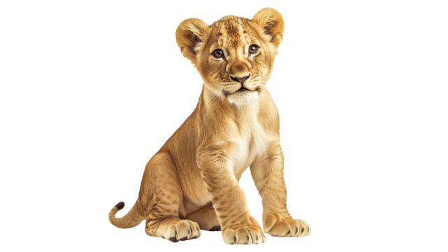 Lion cub sitting calmly on a white background