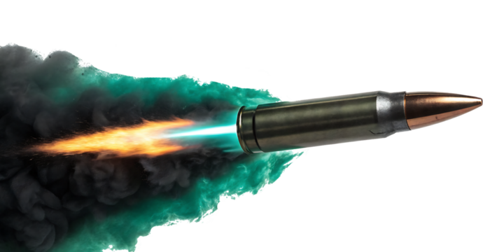 Bullet in Motion with Fiery Trail and Green Smoke isolated on white background as transparent. PNG.AI GENERATED