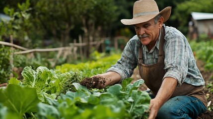 Dedicated farmer inspecting his crops in a lush green vegetable garden