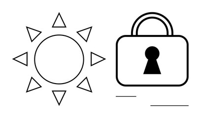 Sun with radiating triangles and padlock with keyhole. Ideal for security, privacy, protection, transparency, data safety, encryption, and open access themes. Line metaphor