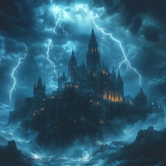 Dark castle on a stormy night, lightning striking.