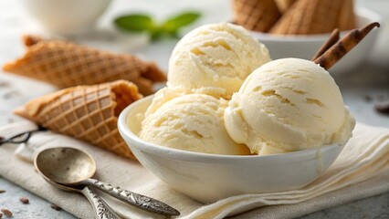 Creamy Vanilla Delight: Close-up shot of a bowl of creamy vanilla ice cream scoops, accompanied by waffle cones and cinnamon sticks, capturing the sweet indulgence and refreshing treat.