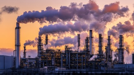 Obraz premium Dramatic sunset over industrial refinery complex with billowing smoke stacks, depicting environmental impact.
