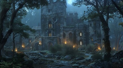 A mysterious Gothic castle illuminated by warm lights in a foggy forest, evoking a sense of wonder and intrigue.
