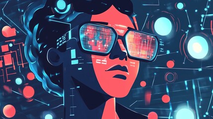 Futuristic Character Wearing Sleek Glasses Analyzing Floating Holographic Data Streams, Surrounded by Glowing Algorithmic Patterns in a Flat Style Illustration on a White Background.