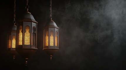 Obraz premium Elegant Hanging Lanterns Casting Warm Glow in Dark Atmosphere