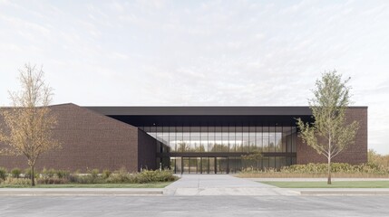 Obraz premium Modern brick building, entrance, autumn landscape. Architectural design, stock photo