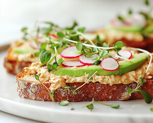 Artisanal Whole Grain Toast with Creamy Chickpea Spread, Radishes, and Microgreens