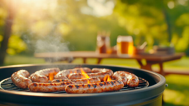 Grilling Sausages on Barbecue during Sunny Summer Picnic in the Park