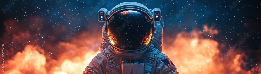 Wall mural astronaut in space encountering cosmic flames outer space digital art sci-fi environment front view 