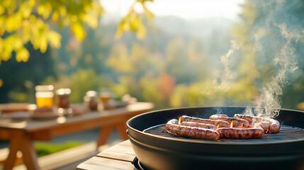 Grilling sausages outdoors during a sunny day in a picturesque setting with vibrant foliage