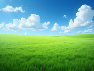 Vast green grass field under clear blue sky with scattered white clouds