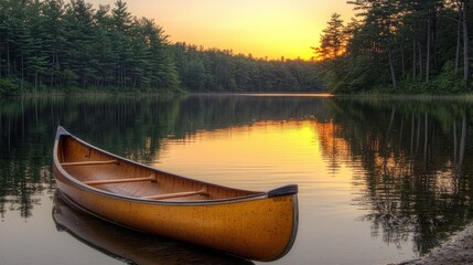 Obraz premium Serene Sunset Over Calm Lake with Canoe on Peaceful Water
