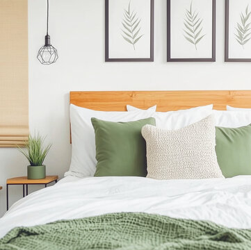 Cozy bedroom with green accents and botanical artwork in a modern home setting
