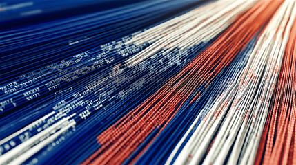 Abstract photo of colorful, dynamic fibers in motion, creating streaks of red, white, and blue, symbolizing data transmission, digital connectivity, and modern communication technology.