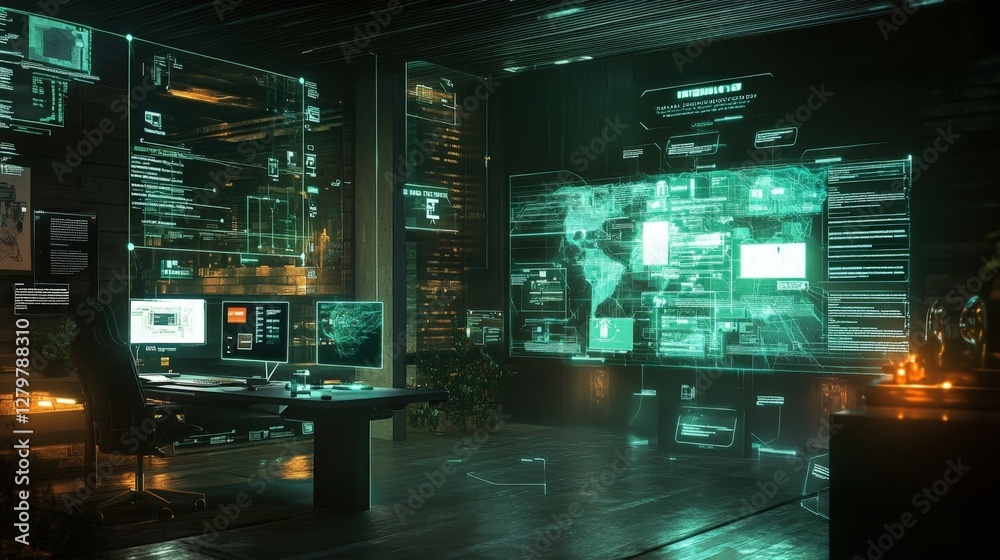 Aufkleber futuristic command center with holographic displays showing global network activity and code, sugges