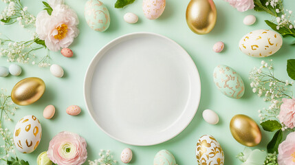 Colorful Easter eggs and floral decorations arranged on a pastel green surface for spring celebrations