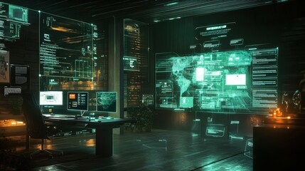 Futuristic command center with holographic displays showing global network activity and code, suggesting advanced cybersecurity monitoring and data analysis