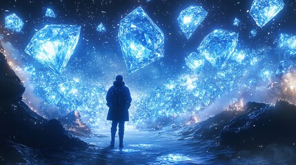 Obraz premium Exploring the mystical blue crystals fantasy landscape digital art night sky wide angle surrealism