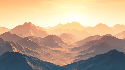 Golden sunlight bathes a vast mountain range at sunrise, creating a breathtaking panorama of peaks...