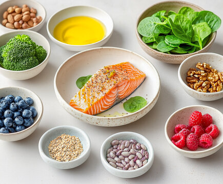 Healthy Food for Brain Health. Salmon, Spinach, Berries and Nuts on light background