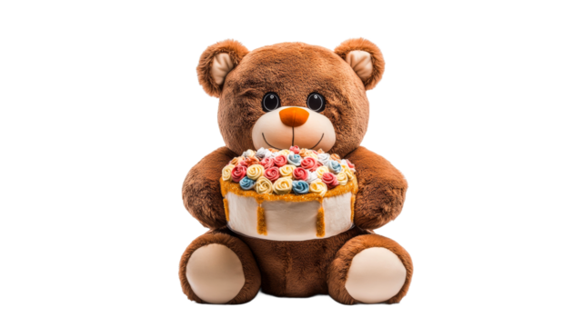 Teddy bear with a colorful cake