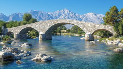 Fototapeta premium Stone bridge spanning river, mountain backdrop, sunny day, travel tourism
