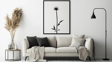 Stylish living space ISO A size wall poster framed in minimalist design The neutral toned walls and modern decor complement the art creating a chic and sophisticated interior
