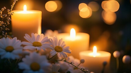 burning candlelight and white flowers tribute condolence memorial service announcement. with space for text an obituary, list of dead. Funeral concept