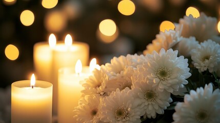 burning candlelight and white flowers tribute condolence memorial service announcement. with space for text an obituary, list of dead. Funeral concept