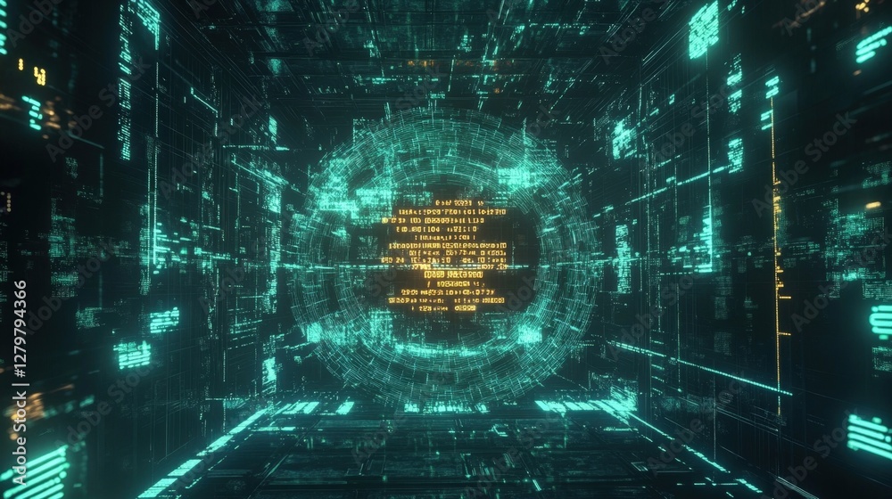 Poster flowing digital information through futuristic cyberspace converges at a rotating core displaying en