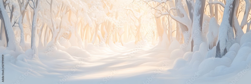 Poster sunlight filtering through snow covered trees creates a magical atmosphere along a tranquil forest r
