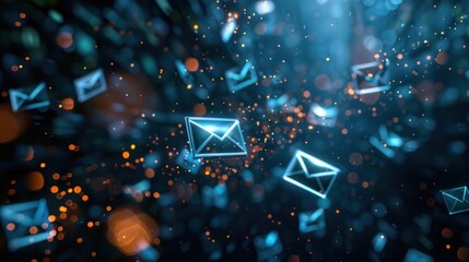 Digital email communication concept,  glowing envelope icons in motion, abstract background