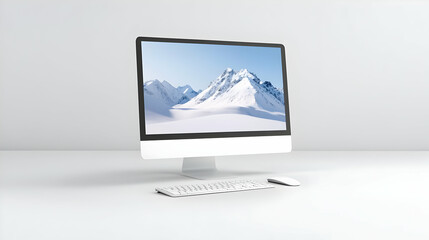 Fototapeta premium Modern all-in-one desktop computer with a keyboard and mouse on a clean white desk in a bright minimalist studio.
