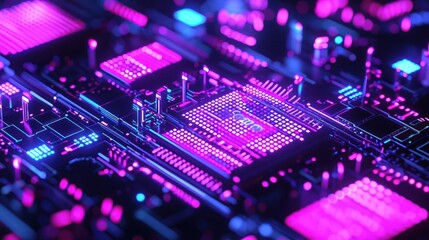 Obraz premium Neon Circuitry: A Cyberpunk Microchip Close-Up