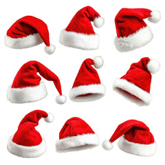 Variety of Red Santa Hats on a White Background for Holiday Decor