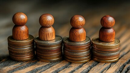 Wooden Figures Standing on Stacks of Assorted Currency Coins